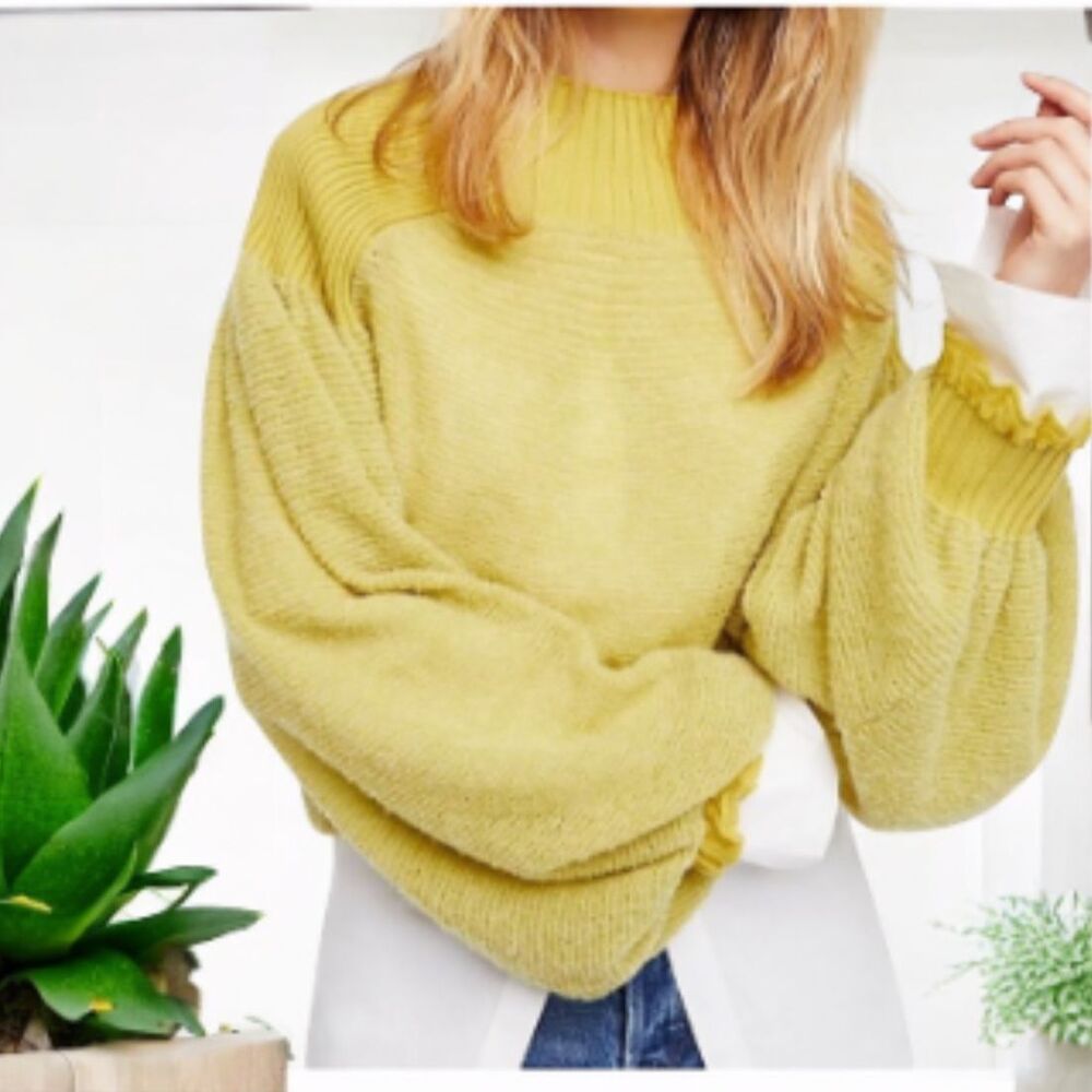 Free People Chartreuse Balloon Sleeve Sweater Cozy Chic Crew Neck Small S - Picture 3 of 11